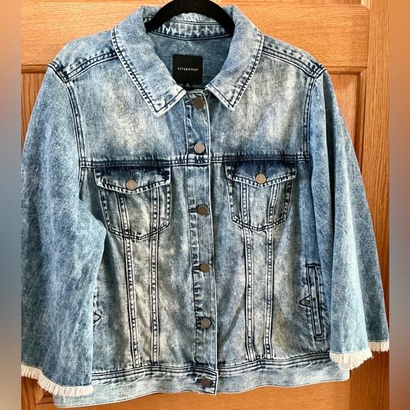 Liverpool Fringed Denim Jean Jacket Acid Wash With Frayed Sleeves Size XL - Picture 2 of 8